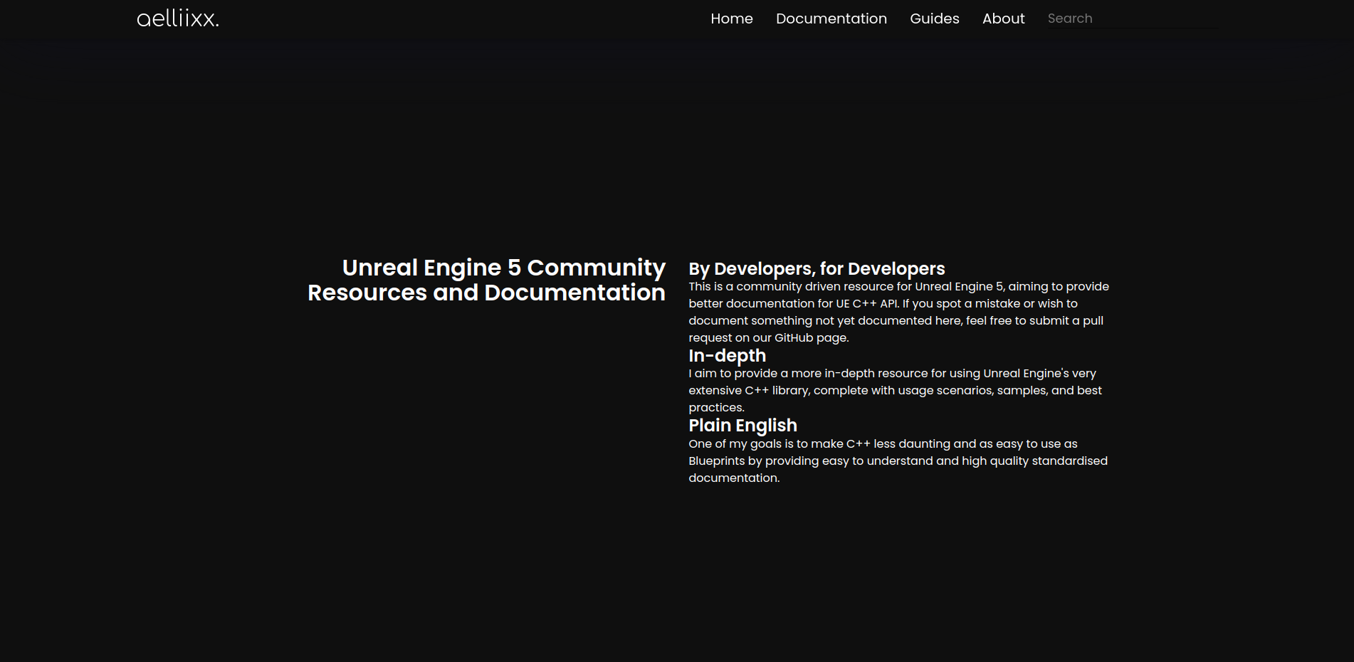 Screenshot of UE docs homepage